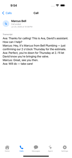 Live call transcript showing the AI assistant screening a caller